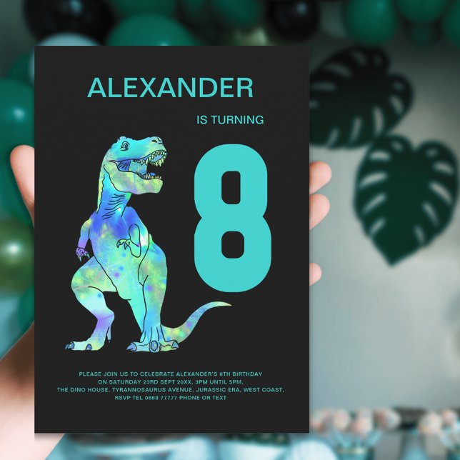 T-Rex Dinosaur Boys 8th Birthday Party Invitation (Dinosaur T-Rex boys 8th birthday party invitation modern typography blue teal green dino)