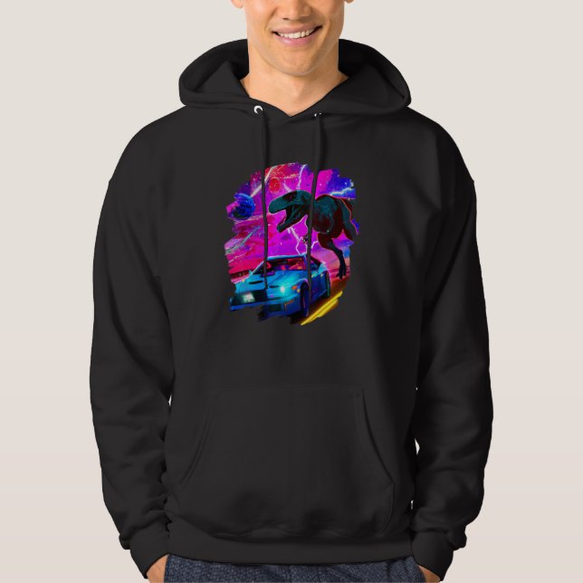 T Rex Dinosaur Chasing Sports Car In Space Tyranno Hoodie (Front)