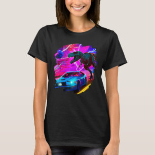 T Rex Dinosaur Chasing Sports Car In Space Tyranno T-Shirt