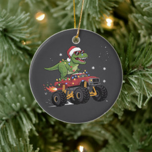 T-Rex Dinosaur Christmas Monster Truck  Ceramic Ornament