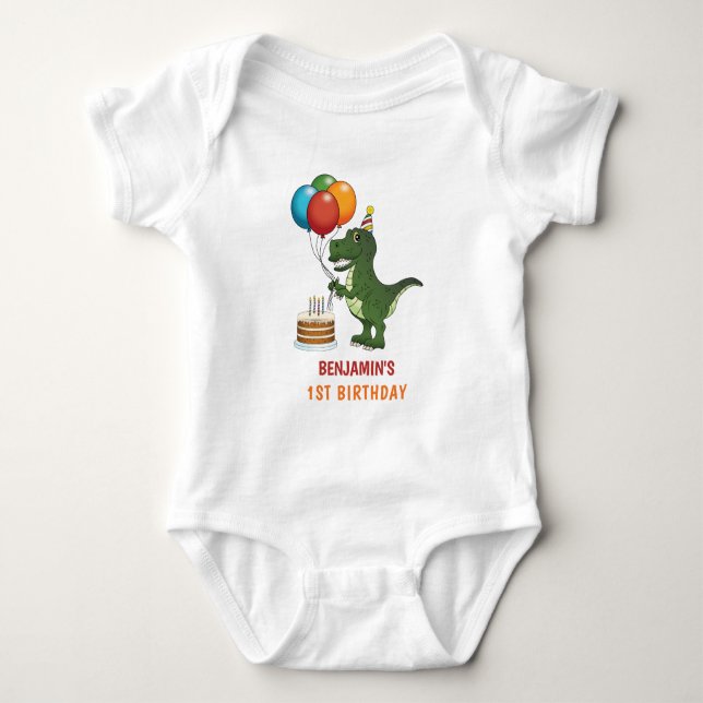 T-rex Dinosaur Colourful Balloons First Birthday Baby Bodysuit (Front)