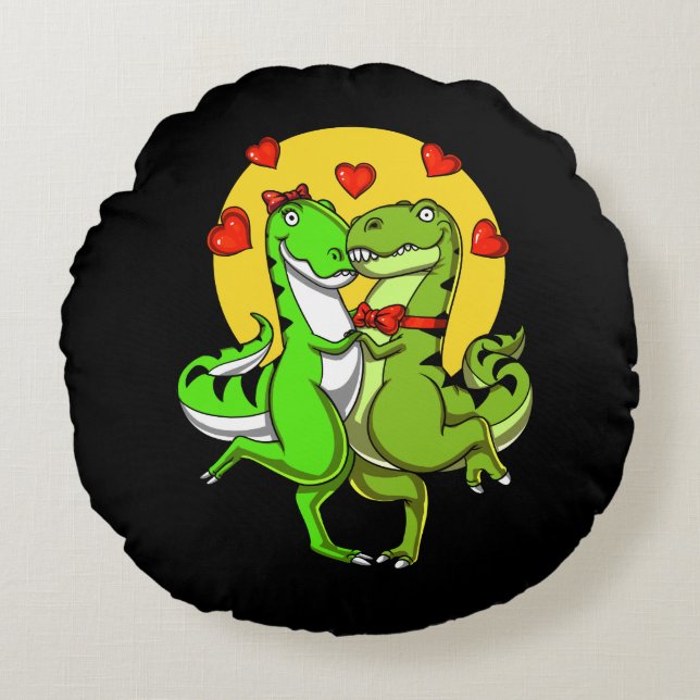 T-Rex Dinosaur Cute Couple Dancing Round Cushion (Front)