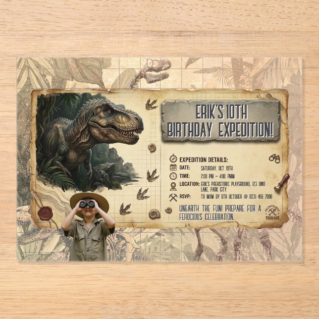 T Rex Dinosaur Expedition Birthday Adventure Acrylic Invitations (Front)