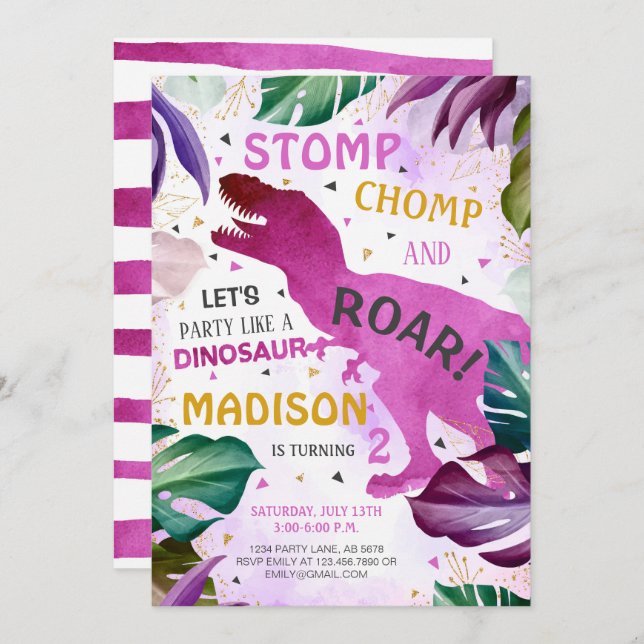 T Rex Dinosaur Girl Birthday Invitation (Front/Back)