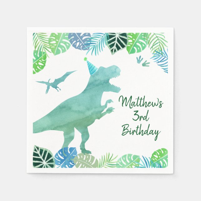 T-Rex Dinosaur Greenery Birthday Napkin (Front)
