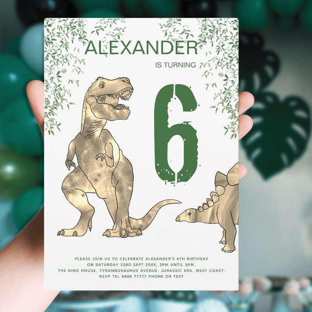 T-Rex Dinosaur Jungle 6th Birthday Party Invitation (T-Rex and stegosaurus Dinosaur Jurassic jungle 6th birthday party invitation green and brown)