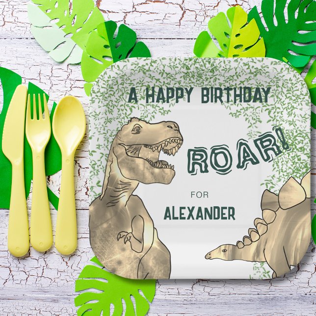 T-Rex Dinosaur Jungle Birthday Party Paper Plate (A happy birthday roar t-rex and stegosaurus dinosaur jungle party personalized paper plate add name)