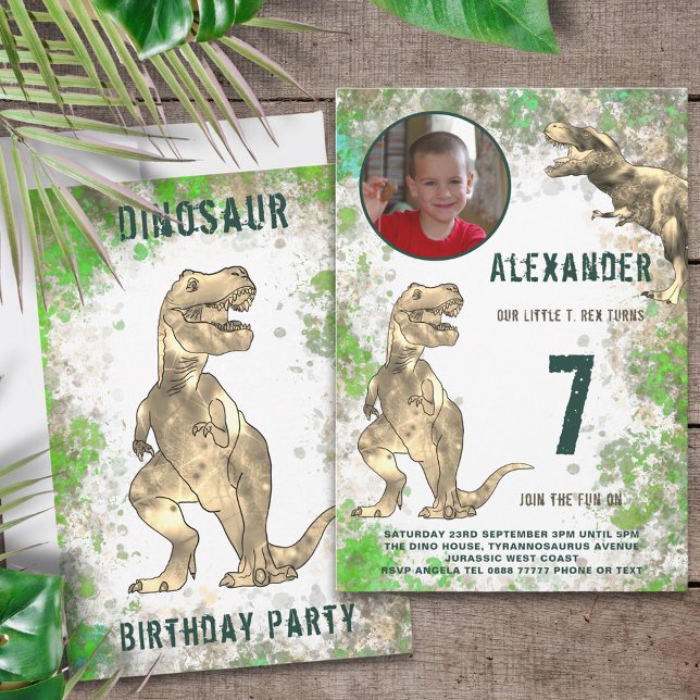 T-Rex Dinosaur Jungle Birthday Party Photo Invitation (T-Rex dinosaur 7th birthday party invitation with custom photo template green and brown watercolor )