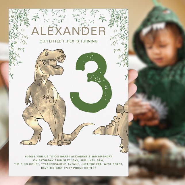 T-Rex Dinosaur Jungle Roar 3rd Birthday Party Invitation (Boy’s Dinosaur party invitation with T-Rex and stegosaurus jungle dino & modern green typography )
