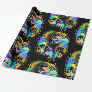 T-Rex Dinosaur Jurassic Reptile on Paint Stains Wrapping Paper