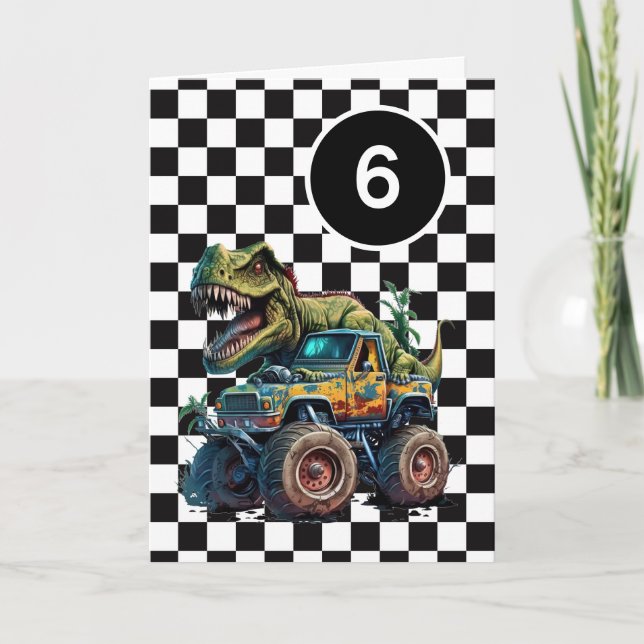 T-rex Dinosaur Monster Truck 6th Birthday Card (Front)