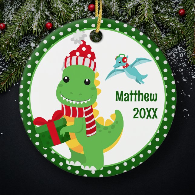 T-Rex Dinosaur Personalised Kids Christmas Ceramic Ornament (Creator Uploaded)