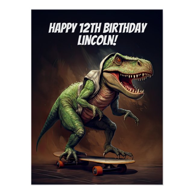 T-Rex Dinosaur Riding a Skateboard Birthday Party Poster (Front)
