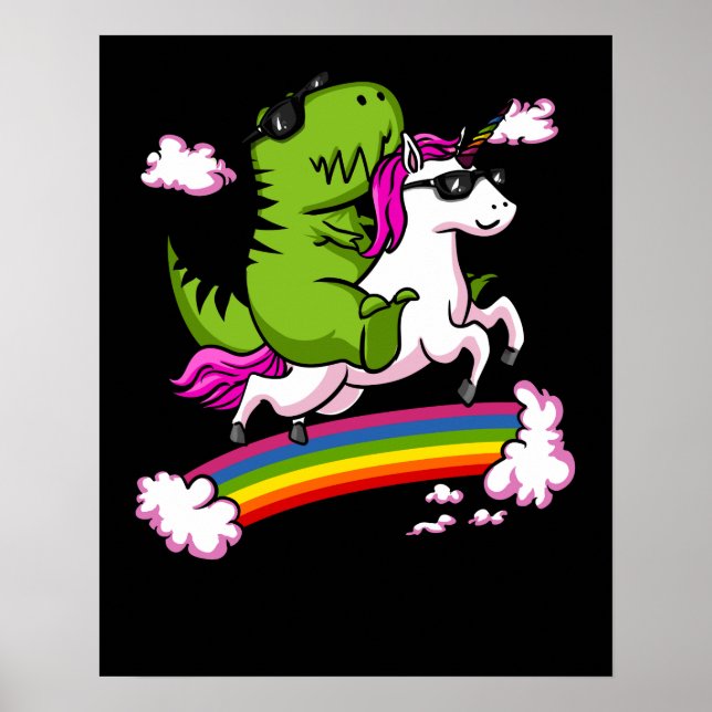 T-Rex Dinosaur Riding Magical Unicorn Rainbow Poster (Front)
