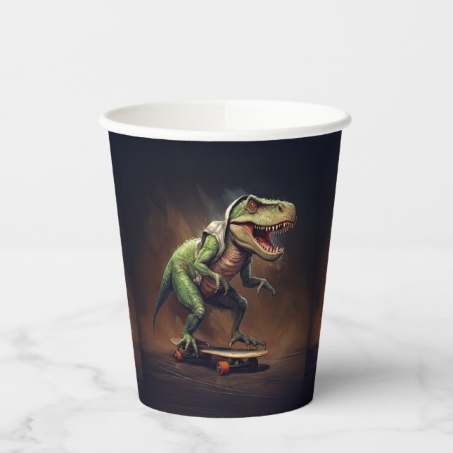 T-Rex Dinosaur Rising a Skateboard Birthday Party Paper Cups (Left)