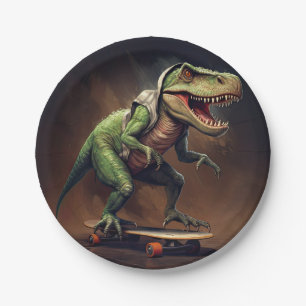 T-Rex Dinosaur Rising a Skateboard Birthday Party Paper Plate