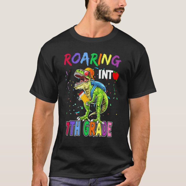 T Rex Dinosaur Roaring Into 7th Seventh Grade Back T-Shirt (Front)