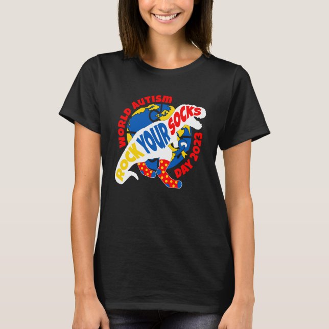 T REX Dinosaur Rock Your Socks Autism Awareness Da T-Shirt (Front)
