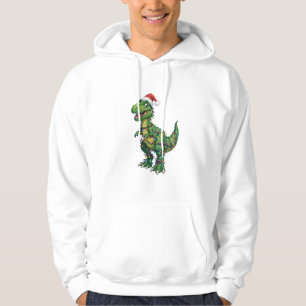 T-Rex Dinosaur Santa Hat Christmas Lights Funny Hoodie