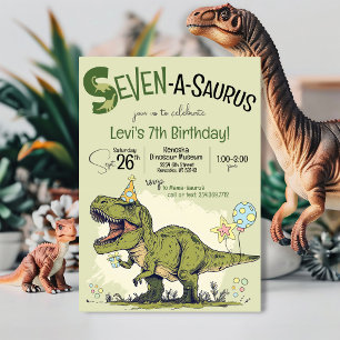 T-Rex Dinosaur Seven-A-Saurus 7th Birthday Party Invitation