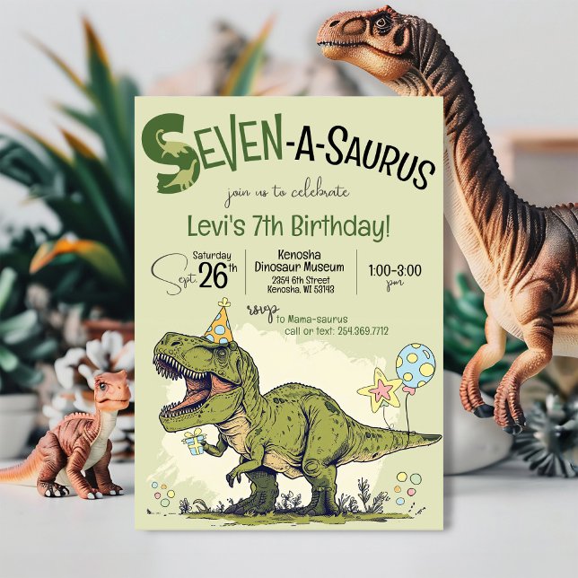 T-Rex Dinosaur Seven-A-Saurus 7th Birthday Party Invitation (Cute Cartoon T-Rex funny Dinosaur Seven-A-Saurus boy seventh kids 7th birthday party invitation)