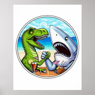 T-Rex Dinosaur Shark Arm Wrestling Poster