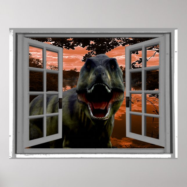 T-Rex Dinosaur Sunset View Faux Window Poster (Front)