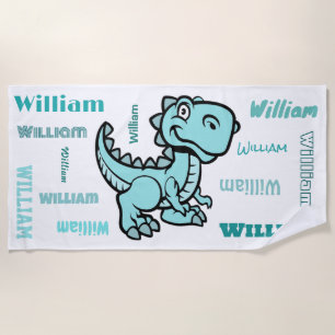 T Rex Dinosaur Teal Personalised Name Beach Towel