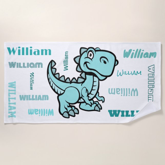 T Rex Dinosaur Teal Personalised Name Beach Towel (Front)