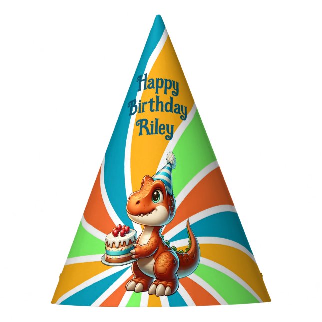 T-rex Dinosaur Themed Personalised Birthday Party Hat (Front)
