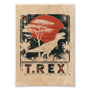 T-Rex Dinosaur Vintage Art Wabi Sabi Red Sun Photo Print