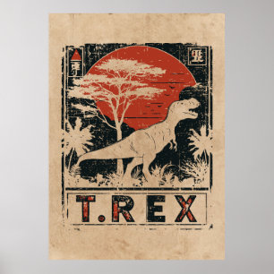 T-Rex Dinosaur Vintage Art Wabi Sabi Red Sun Poster