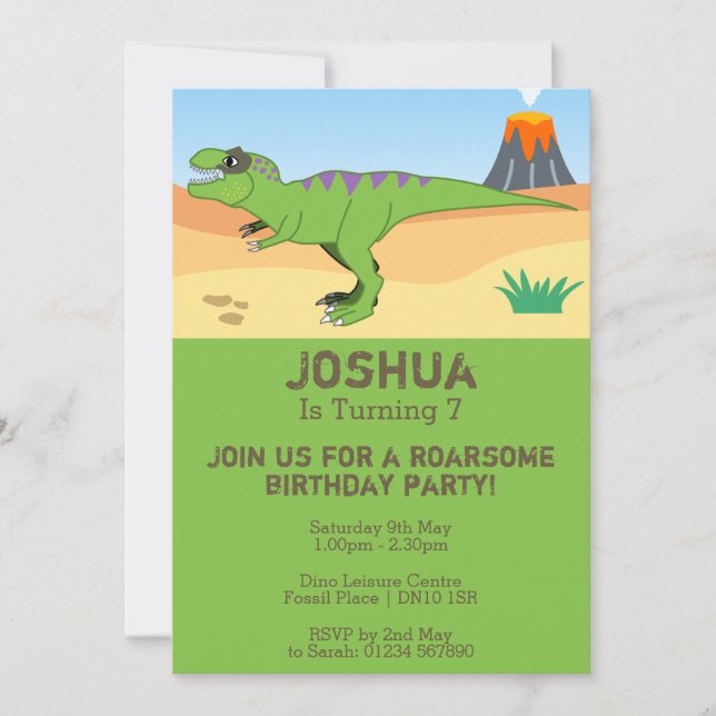 T-Rex Dinosaur & Volcano 7th Birthday Party Invitation (Front)