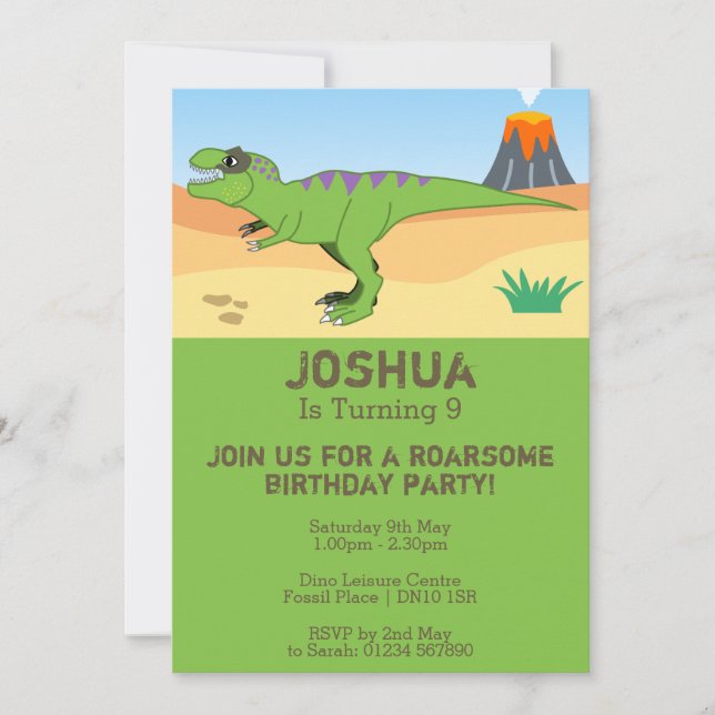 T-Rex Dinosaur & Volcano 9th Birthday Party  Invitation (Front)