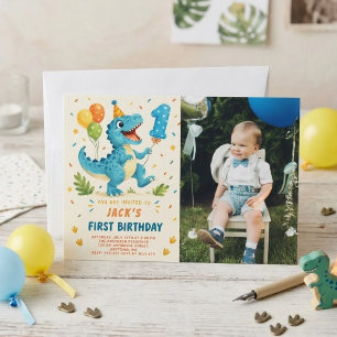 T-Rex Dinosaur Watercolor 1st Birthday Photo Invitation