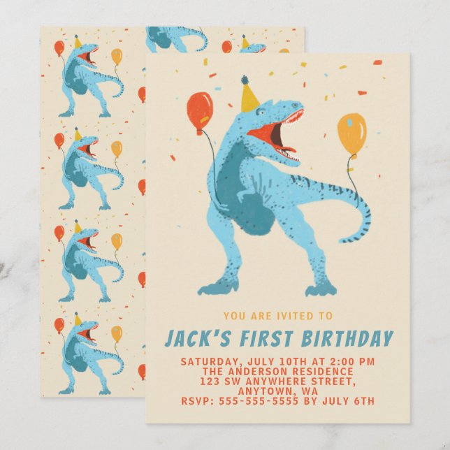 T-Rex Dinosaur Watercolor Birthday Party Invitation (Front/Back)