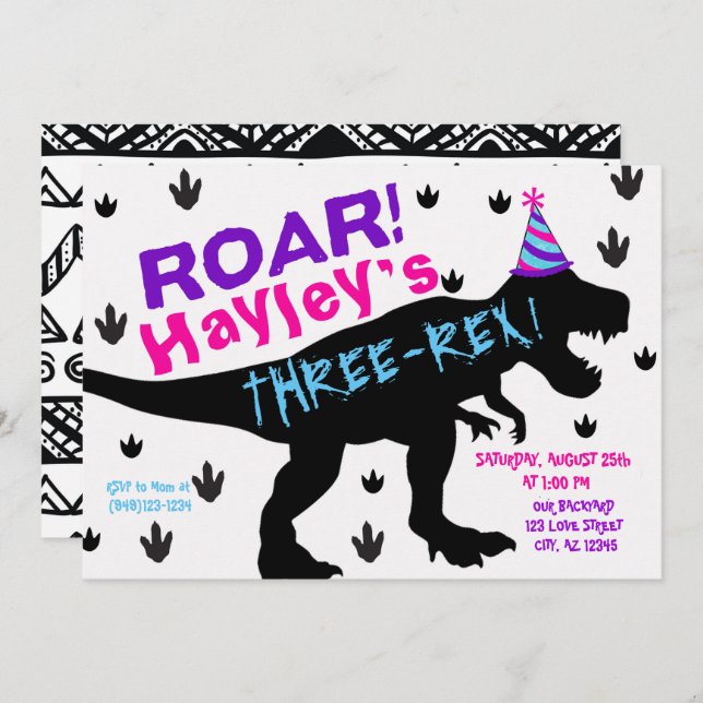 T-Rex Dinosaur with Party Hat Birthday Invitation (Front/Back)