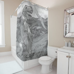 T Rex Dinosaurs Black and white Shower Curtain