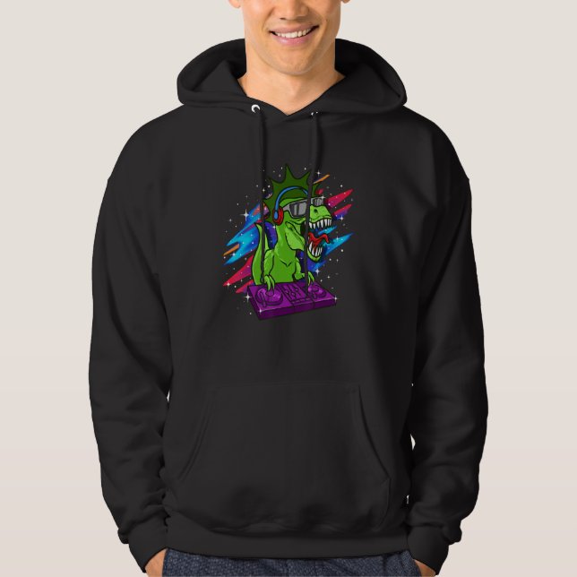 T-Rex DJ Dinosaur Producer Dino Retro House Techno Hoodie (Front)