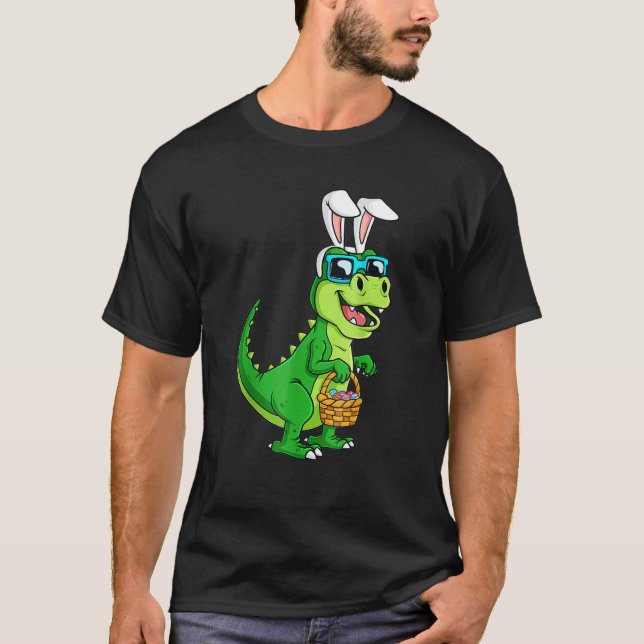 T Rex Easter Bunny With Eggs Basket Funny Dinosaur T-Shirt (Front)