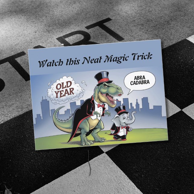 T-rex & elephant magic trick new years postcard (Creator Uploaded)