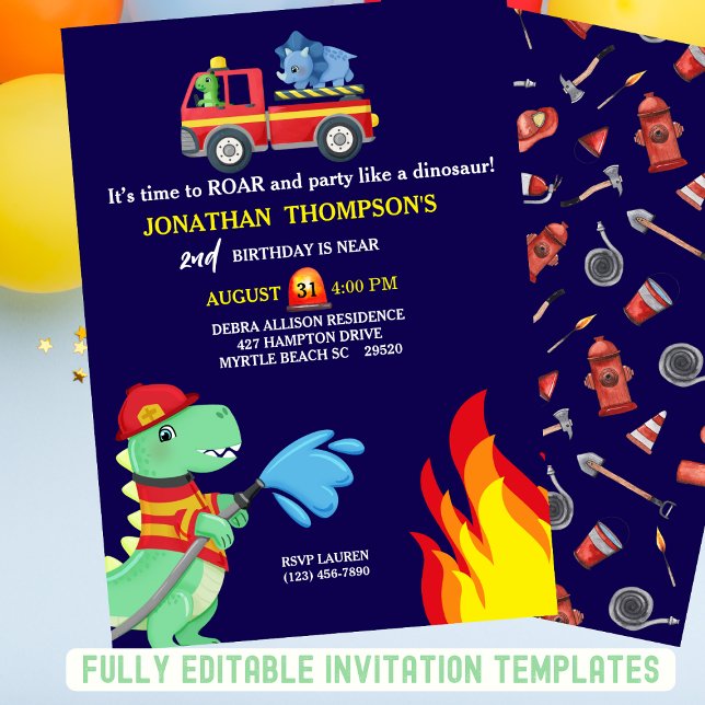 T Rex Fireman 2nd Birthday Party Invitation (Creator Uploaded)