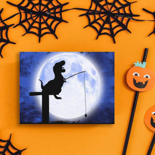 T Rex Fishing On The Moon Blue Halloween Night Postcard