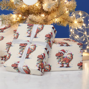 T‑Rex Funny Boy Christmas Lights Wrapping Paper