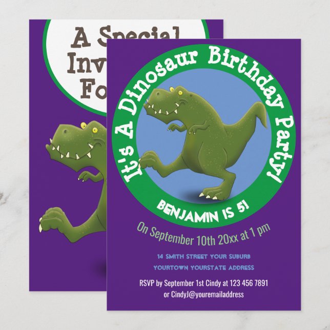 T Rex funny dinosaur cartoon illustration Invitation (Front/Back)