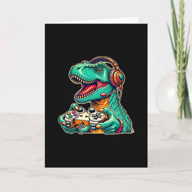 T-rex Gaming With Headset Funny Dinosaur Gamer Gra Card (Front)