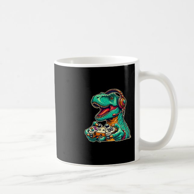T-rex Gaming With Headset Funny Dinosaur Gamer Gra Coffee Mug (Right)