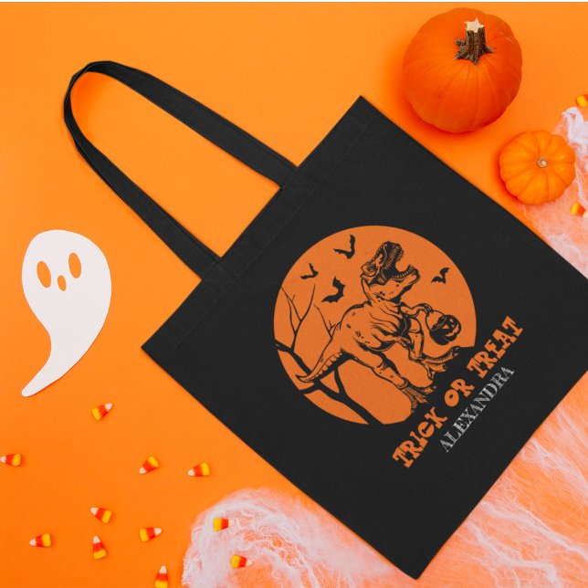 T Rex Halloween Dinosaur Orange Spooky Pumpkins Tote Bag (Creator Uploaded)