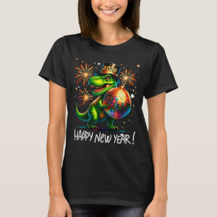 T Rex Happy New Year 2026 Disco Ball Fireworks Tee