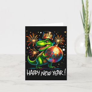 T Rex Happy New Year 2026 Disco Ball Fireworks Tee Card